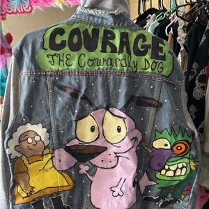 Custom Handpainted and studded bedazzled Courage the Cowardly Dog Denim Jacket